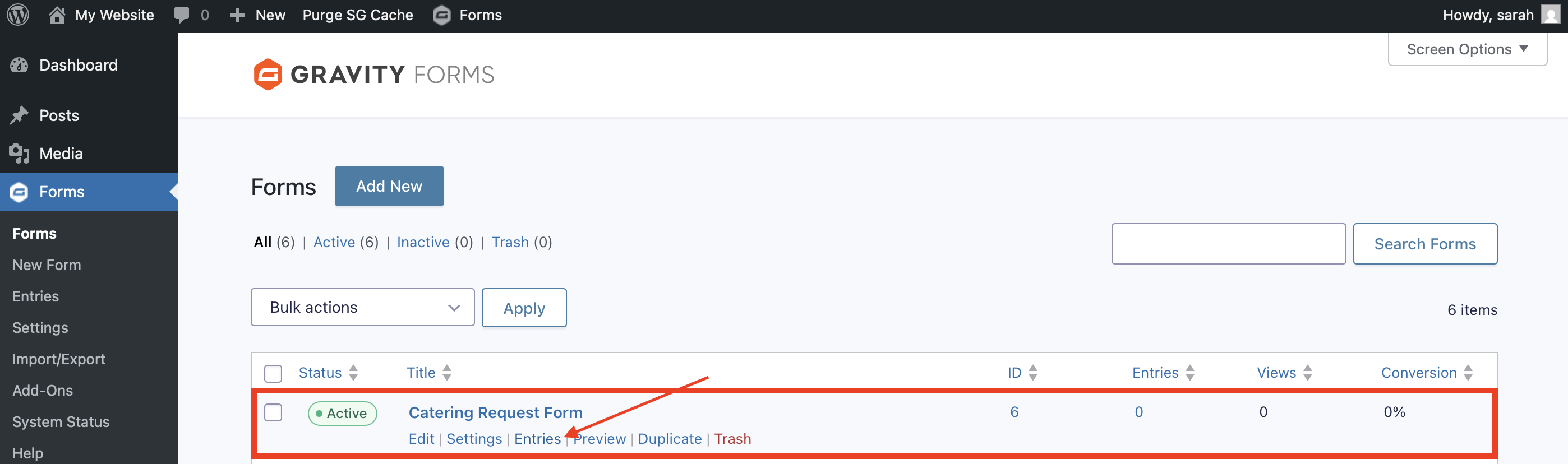 restaurant form entry list